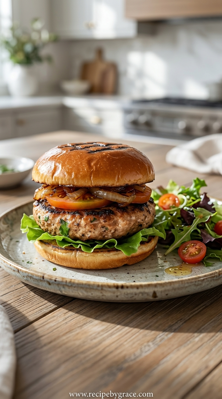 Finished gourmet turkey burger ready to serve